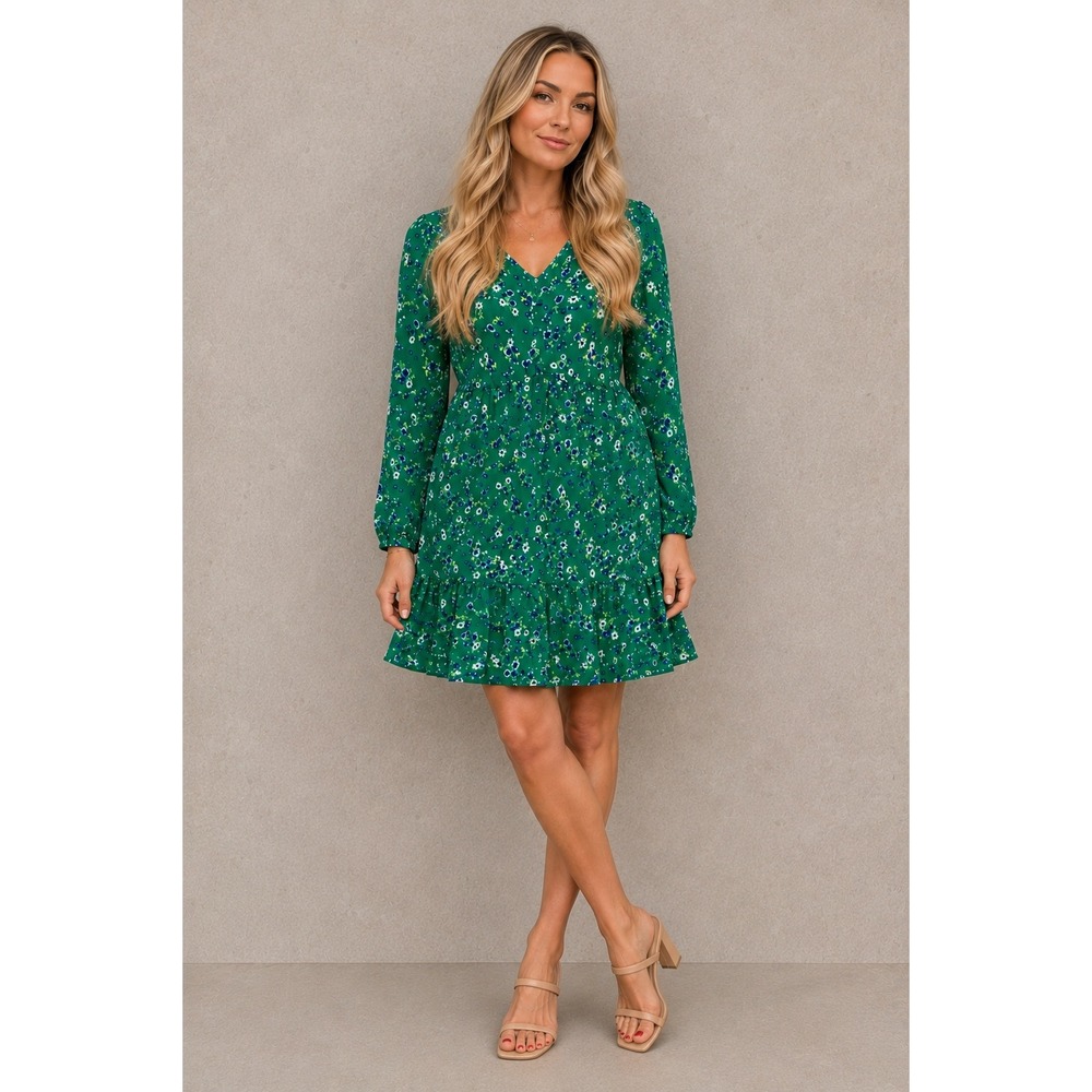 LOFT Green Floral V-Neck Ruffle Hem Mini Dress Longâ Sleeve Size 6